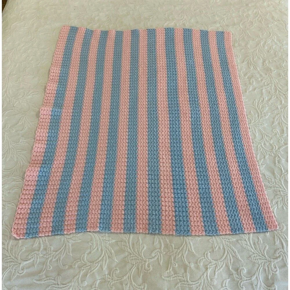 Vintage Handmade Crochet Baby‎ Afghan Pink Blue Stripes Shower Gift Christening